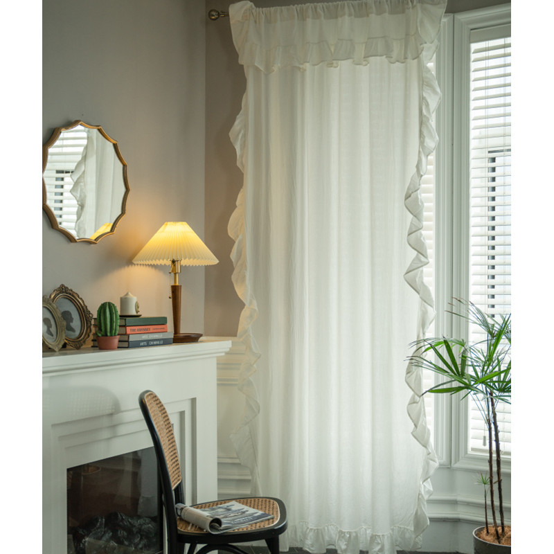 Le Xuan Show White Japanese and Korean Princess Style Double-layer Ruffled Curtain Cloth Nordic Finished Living Room Bedroom Floating Curtain