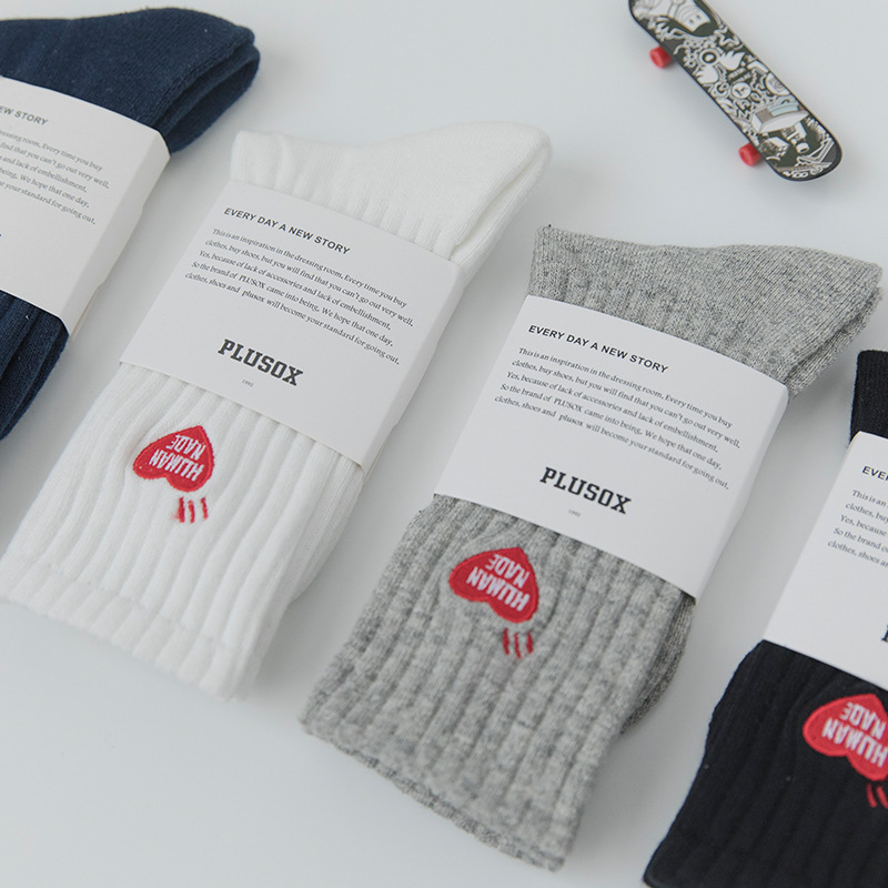 Picture of Mekki Couple Socks Thick Thread Terry Bottom Sports Socks Heart Embroidered Mid-Calf Socks Popular Socks