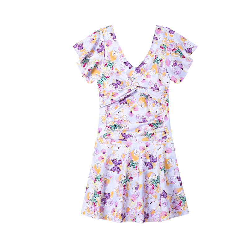 Picture of Slimming women's hot spring Conservative belly-covering V-neck swimming skirt high waist one-piece fashion printed floral skin-friendly swimsuit