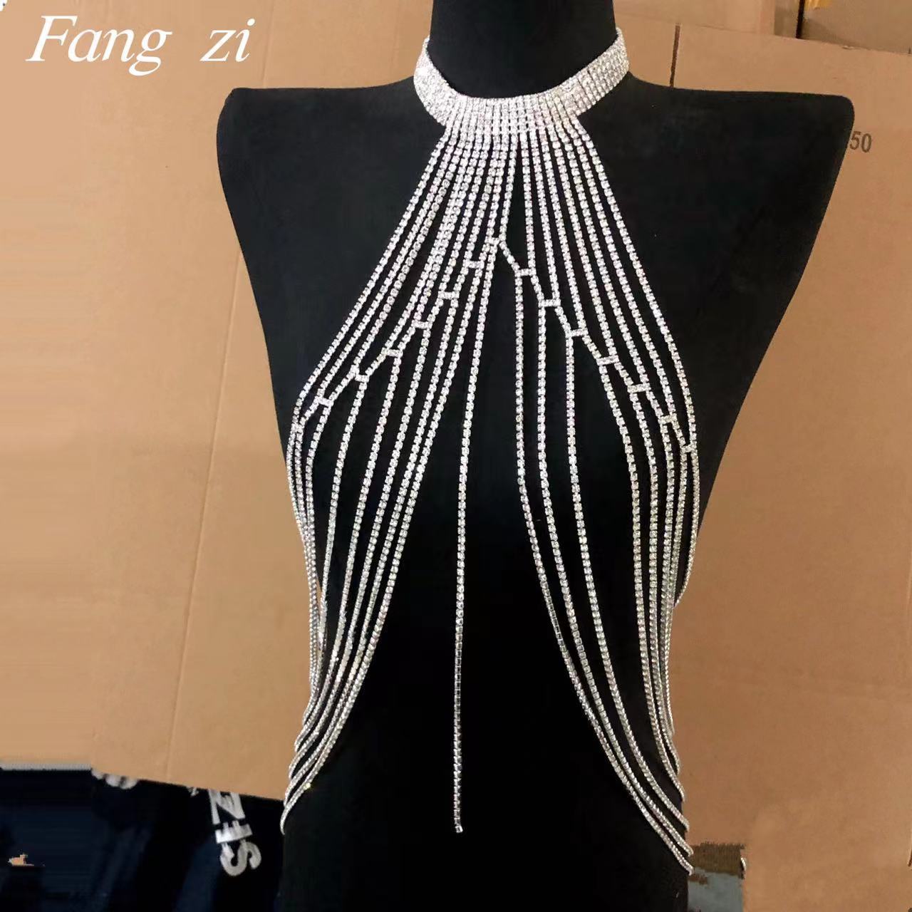 Picture of AliExpress fashion exaggerated long tassel rhinestone chest chain accessories nightclub shiny sexy necklace female body chain