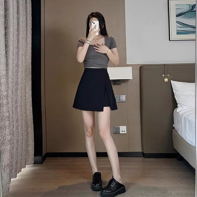 2025 Black Elegant plus size chubby girl High Waist Slimming Flesh Covering Skirt for Small Women's Summer Split A- Line Skirt
