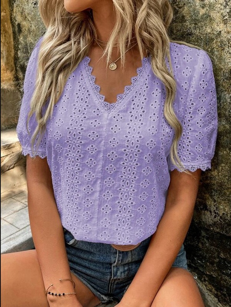 Picture of Summer New Amazon Ebay Independent Station European and American Summer New Pure Color Short-Sleeved Cut Out Shirt Cross-Border Spot