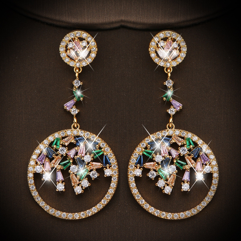 New temperament earrings Japanese and Korean color zircon circle earrings earrings women's wedding long ear jewelry manufacturers in stock