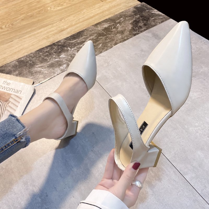 2024 Spring and Summer Korean Style New Style Baotou Mid-Heel Sandals and Slippers Women's Pointed One-character Chunky Heel Half Slippers Trendy