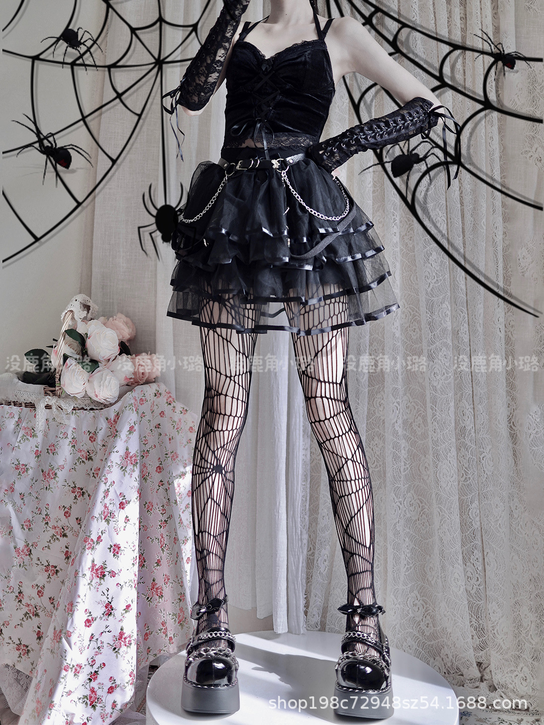 Diablo Gothic style big spider web Halloween fishnet stockings sexy legs black and white stockings hollow perspective disco