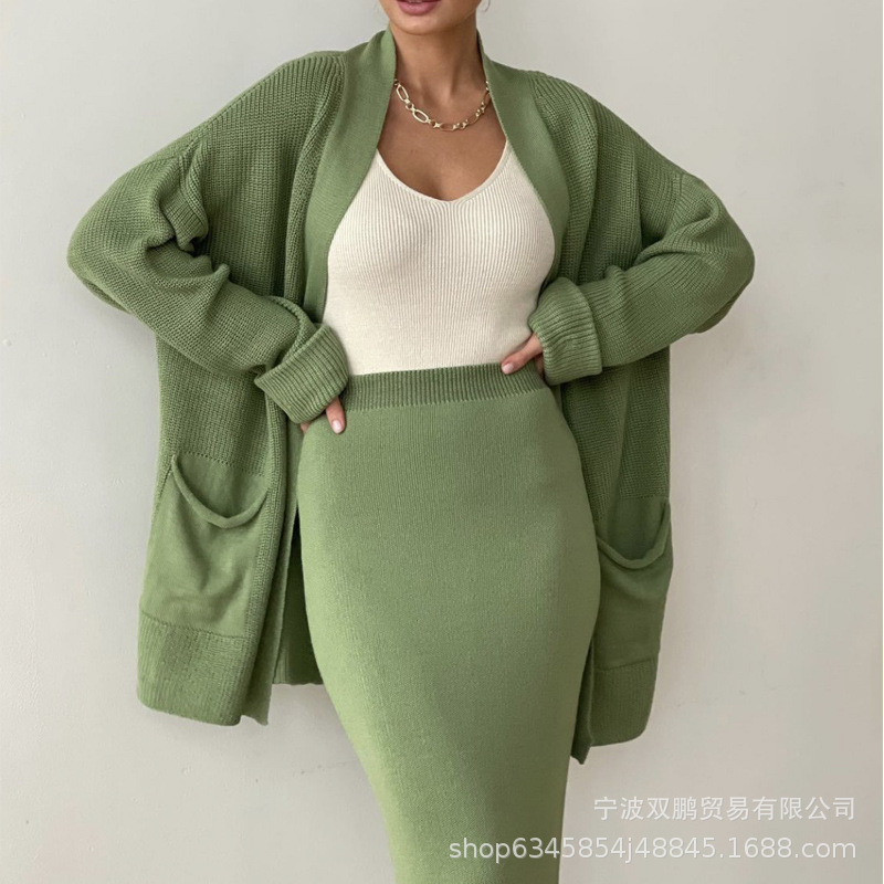 European and American style women's sweater suit autumn and winter new sweater cardigan women's loose belt high waist skirt fashion sweater