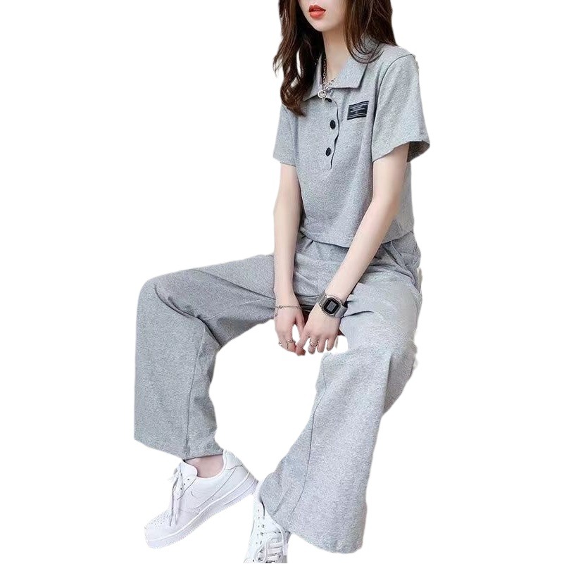 Casual Sports Suit for Women 2024 Summer New Korean Style Slim Short Top Wide Leg Pants Two-Piece Set