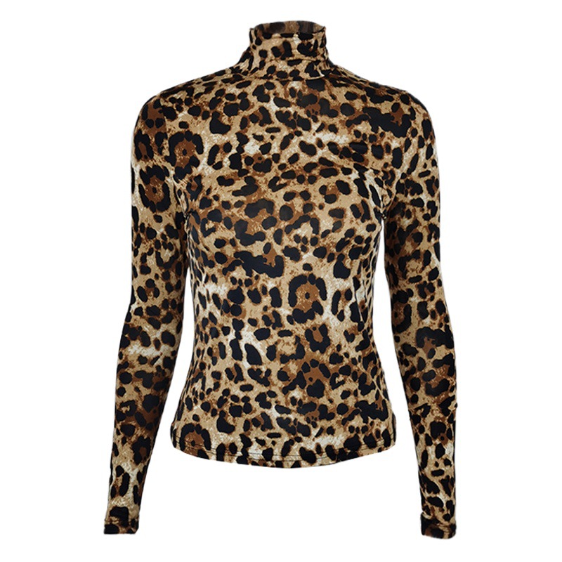 2022 Early Autumn New High Neck Slim Long Sleeve Top European and American Casual Thin Imitation Ice Silk Leopard Print T-Shirt for Women