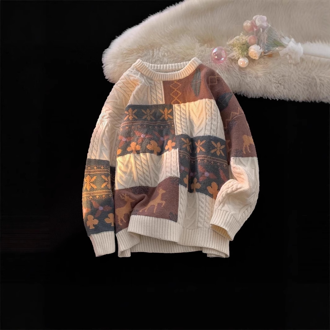 Picture of Japanese Retro Sweater Winter Loose Outer Wear Top Fashional Brand Laid-back Crewneck Pullover Sweater Christmas Sweater
