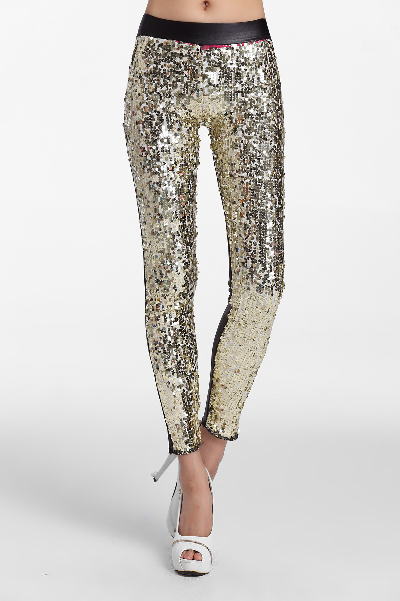 Picture of European and American spring new high waist faux leather pants stage performance Women's fashion high waist sequined leggings cropped pants