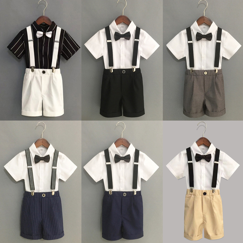 Suit suit Boys' Dress Host Handsome Strap Pants Summer Little Flower Child Wedding Piano Performance Clothes Children