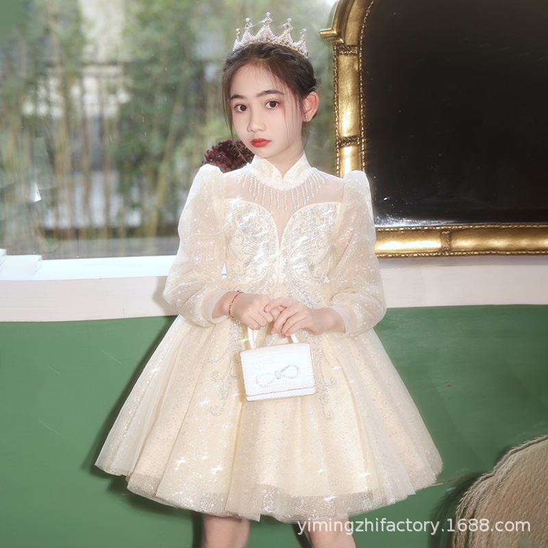 Foreign trade girls dress new long sleeve mesh long sleeve autumn and winter children princess dress host piano playing wholesale