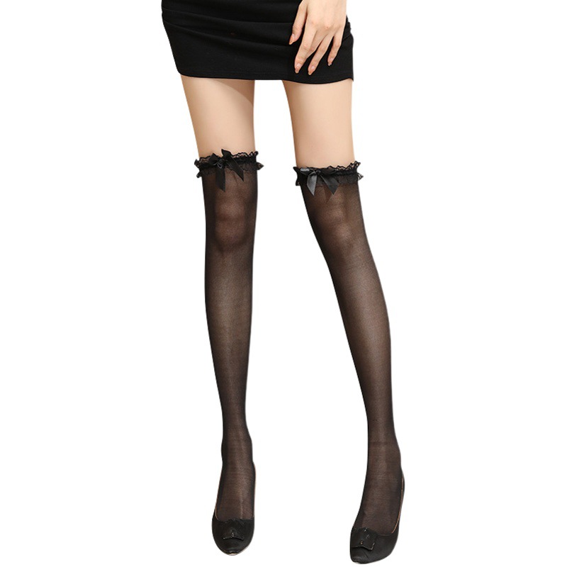 Spring and Summer Thin Long Stockings Bow Sexy Style Over-the-Knee Stockings Silk Stockings Lace Mid-length Stockings for Women