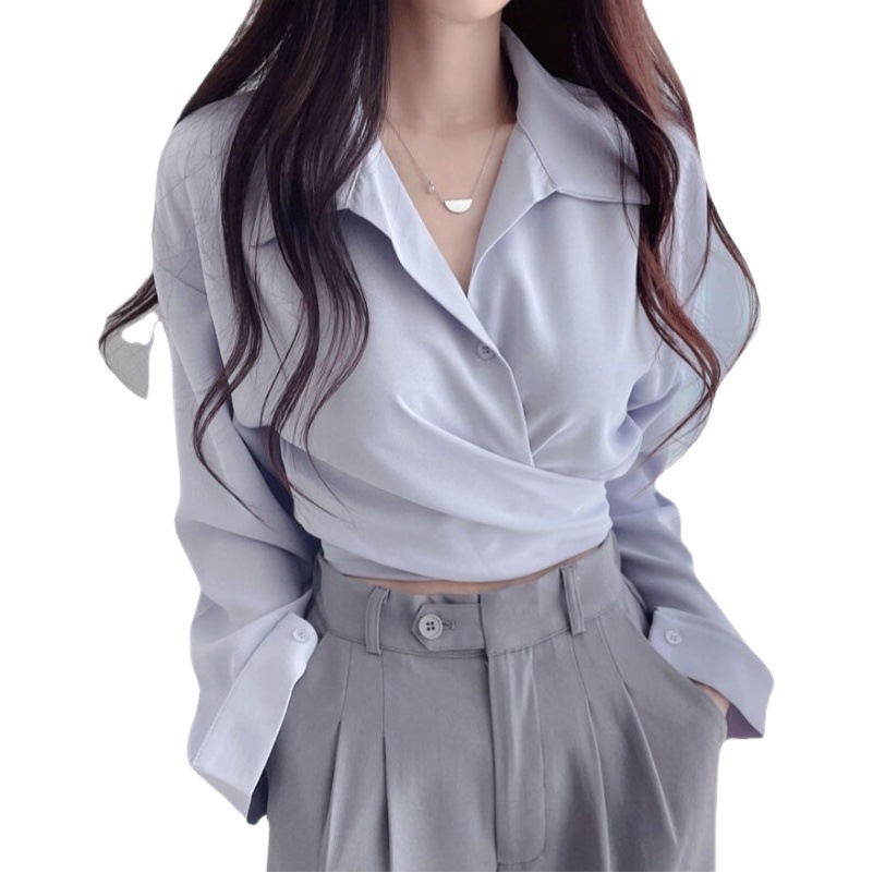 Korean chic Spring and Autumn Age-reducing Retro Niche Design Feeling Temperament Tight Waist Slimming Lace-up Single-breasted Short Shirt