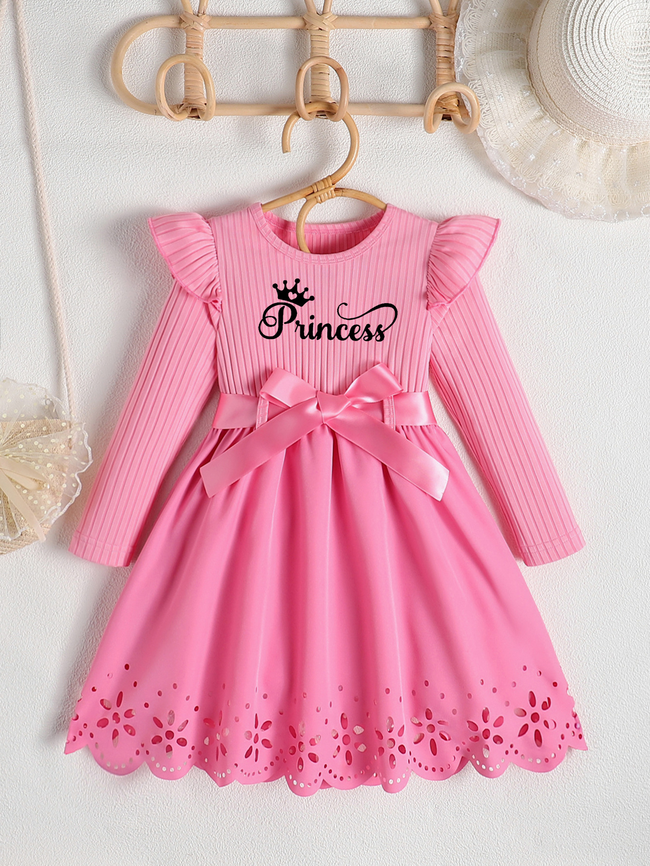 Picture of Autumn new girls princess letter printed bow belt round neck long sleeve hollow dress