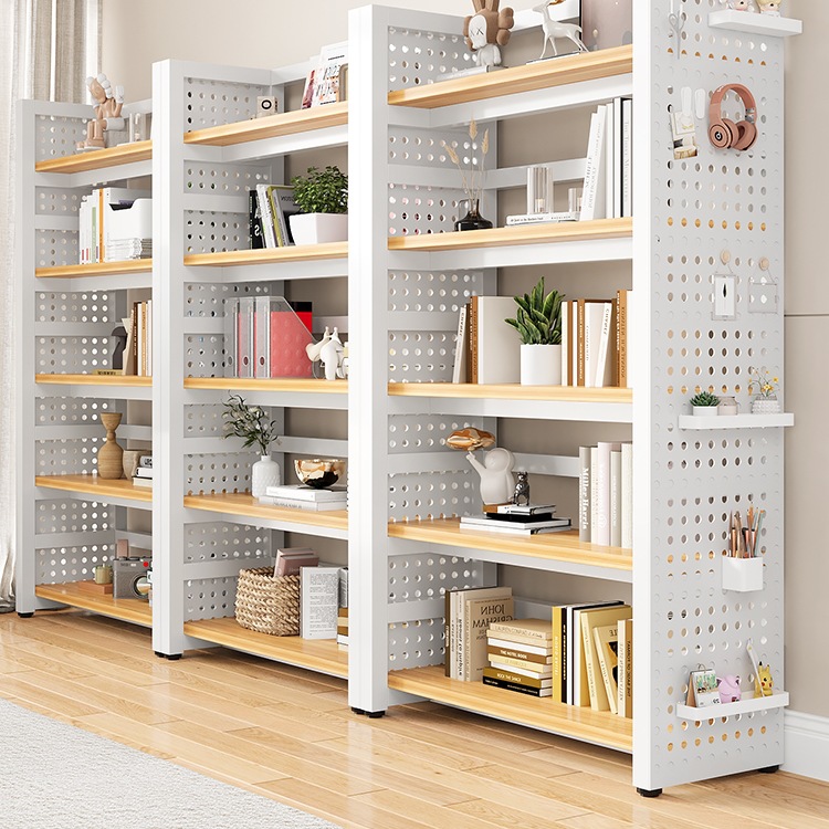 Bookshelf Floor-Standing Storage Rack Multi-Layer Storage Cabinet Simple Steel Wood Storage Rack Hole Board Iron Bookcase Storage Shelf