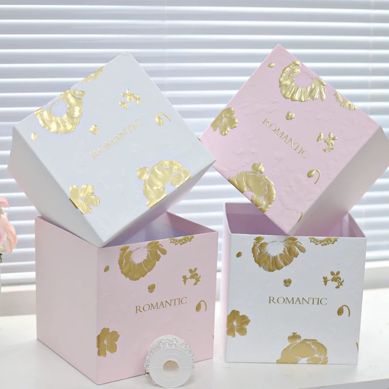 Tanabata new gift box square set of two bouquets packaging materials diy hug barrel simple light leaping gold series