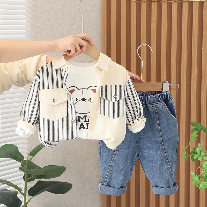 Baby boy handsome autumn new block striped shirt cardigan three-piece set 2023 spring fashion brand casual suit