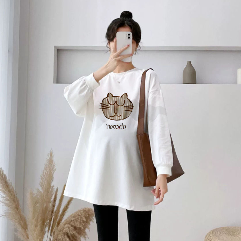 Picture of Trendy pregnant mother autumn cotton long-sleeved T-shirt 2023 plus size loose Korean style white drawstring mid-length bottoming shirt T-shirt