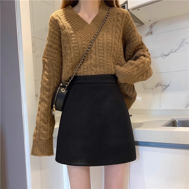 chubby girl plus size Woolen Skirt Women's Autumn and Winter Anti-glare High Waist Slim-fit Hip Skirt Black All-match A- line Short Skirt