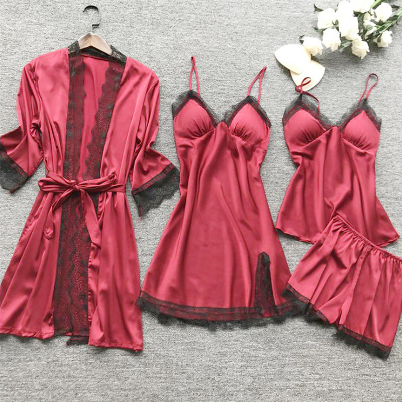 Cross-Border Women's Sexy Home Clothes Pajamas Summer Sexy Pajamas Four-Piece Set Korean Style Suspenders for Women with Chest Pad Manufacturer