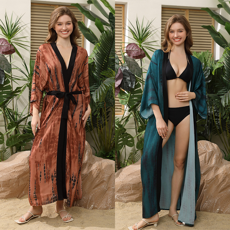 New European and American Polyester Printed Mid-length Beach Sunscreen Cardigan Women's Bikini Swimwear Overshirt Cross-border