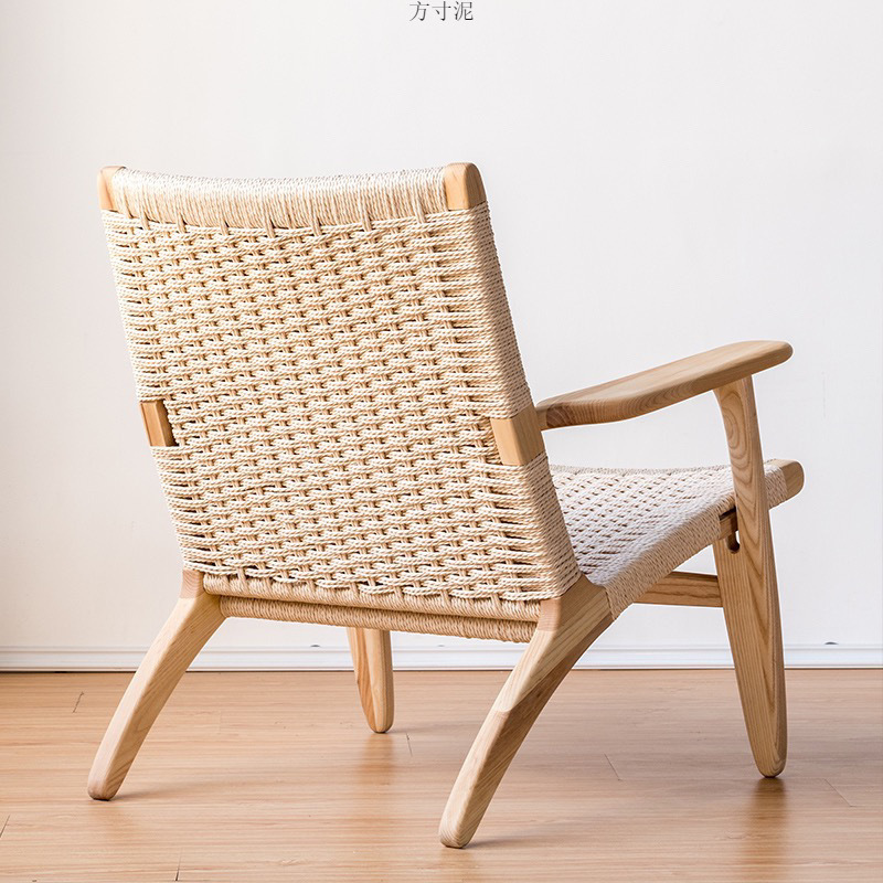 Picture of Nordic Solid Wood Single Sofa Chair Saddle Rattan Chair Balcony Leisure Hemp Rope Armrest Backrest Lazy Chair Outdoor