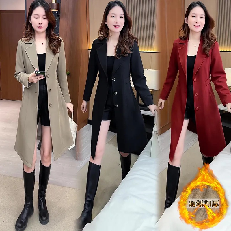 Windbreaker Coat Women's Autumn and Winter New fleece-lined Thickened Fashionable Dress Collar Korean Style Waist Mid-length Coat for Small Men