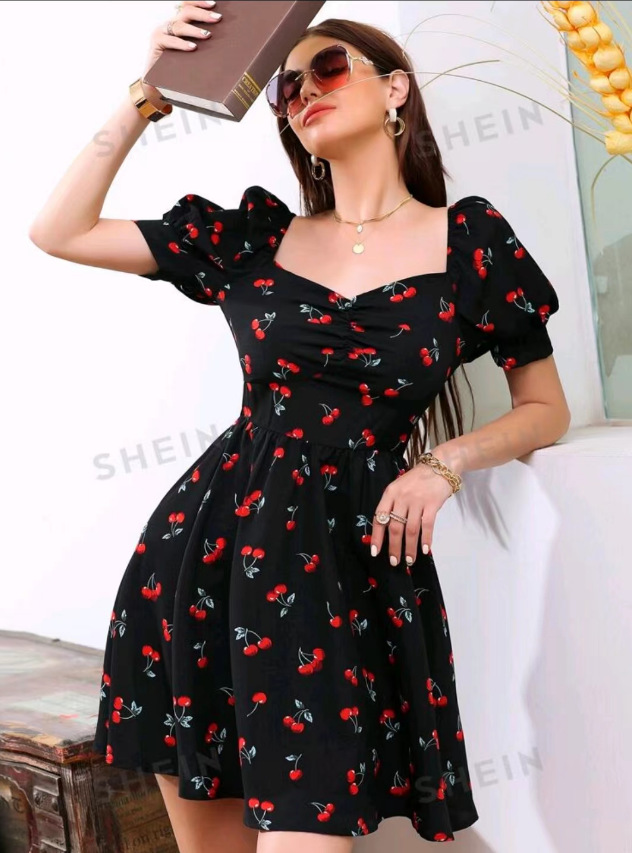 in stock cross-border 2024 Europe and America Amazon new fashion elegant printed square collar shoulder dress
