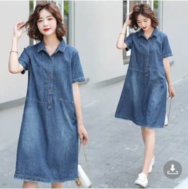 Thin Denim dress 2025 Summer New Women's Short-sleeved Casual Age-reducing plus size Mid-length Skirt