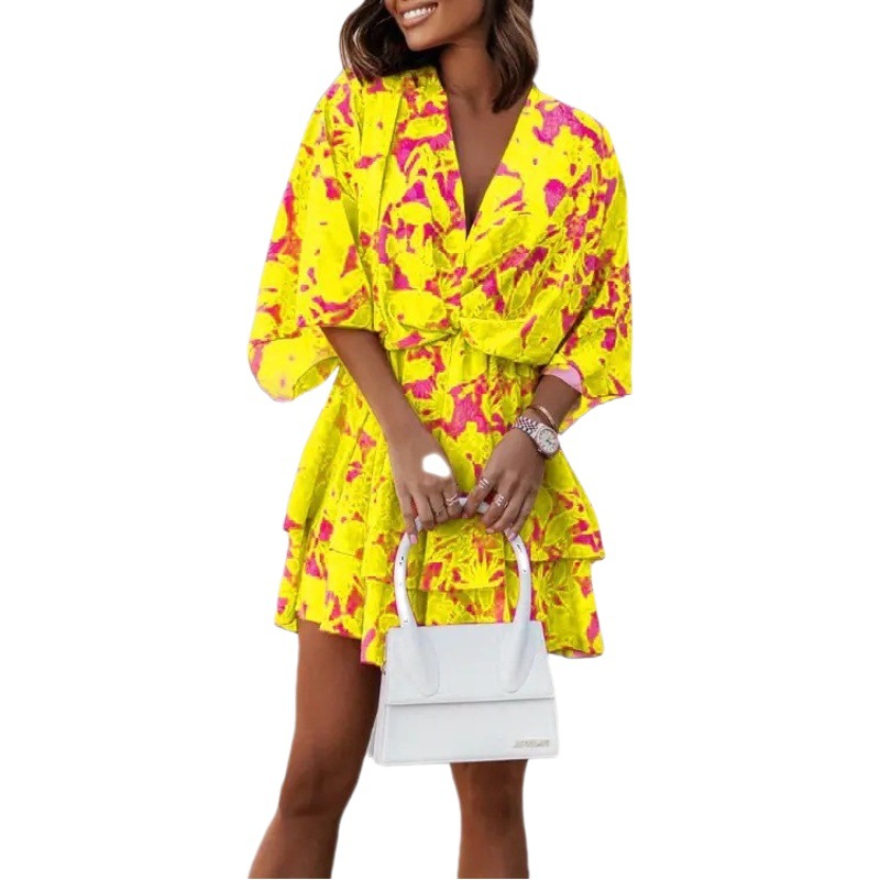 2022 independent station wish Amazon new autumn V-neck loose batwing sleeve print dress women's clothing