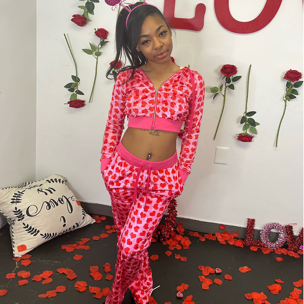European and American Women's 2023 Autumn New ins Style Sexy Navel Hooded Printed Zipper Pants Set for Women DF015