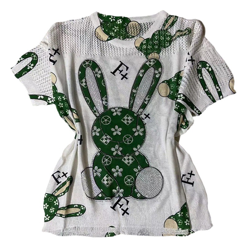 Hollow Loose Short-sleeved Jacket Two-piece Set European and American Style 2023 Summer Thin Heavy Industry Hot Drilling Printed Fashion suit