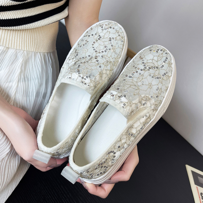 2025 Spring, Summer and Autumn Lace Beaded Transparent Breathable Lightweight Fashion Casual Shallow Mouth Slip-On Loaf Women's Shoes