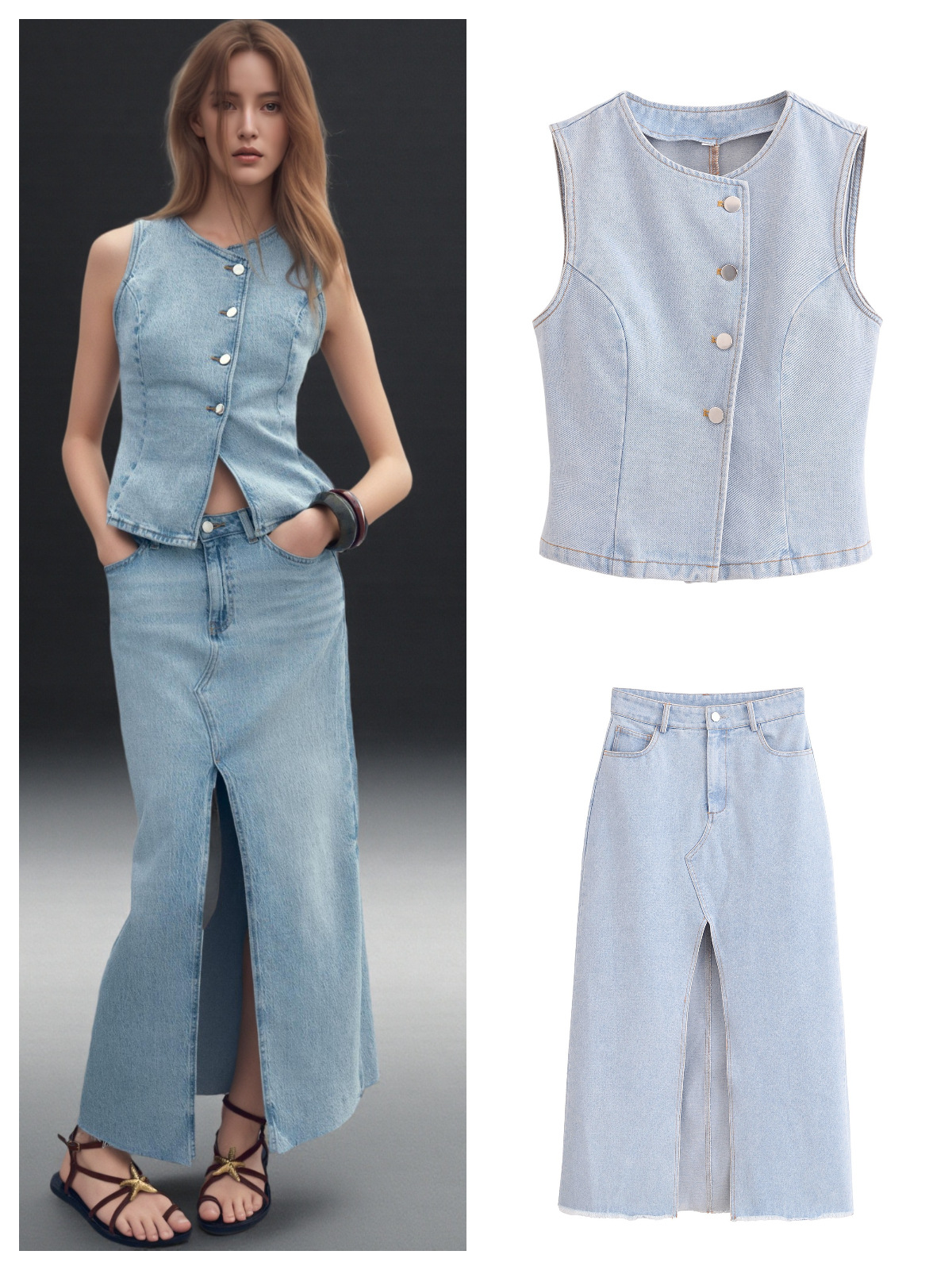 Za Europe and the United States cross-border 2025 new summer women's casual retro Denim vest Midi denim skirt suit