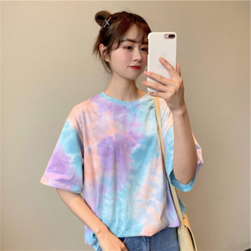 Summer and K-Style Gradient Color Tie-Dye Loose Short-Sleeved Printed and Dyed T-Shirt for Women New Popular Versatile Casual Ins Trendy Women's Top