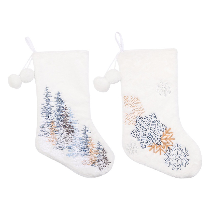 Christmas decorations white short plush machine embroidered snowflake Christmas tree socks children's holiday gift bag candy socks