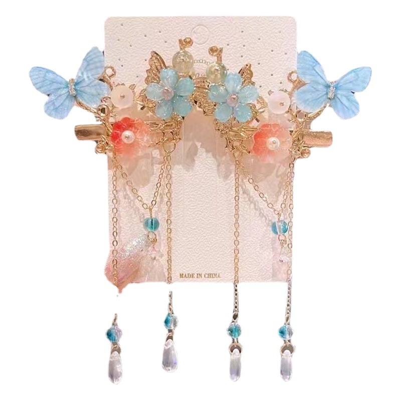 Ancient Children's Hanfu Hairpin Headwear Cyber Celebrity Antique Butterfly Hairpin Tassel Super Fairy Clip Ribbon Side Clip