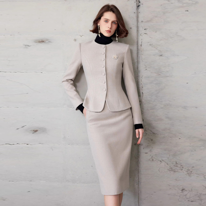 Picture of Autumn and Winter Fashion New Retro Oatmeal Color Round Neck Professional Women's Dress suit Elegant Female President Manager Formalwear