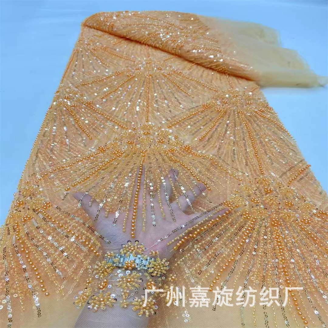 Foreign Trade Heavy Industry Beading Umbrella-Shaped Embroider Lace Cloth European and American High-End Sequin Designer Clothing Evening Dress Fabric