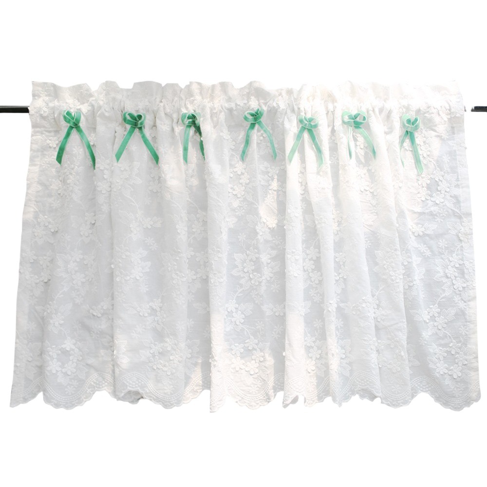Picture of Nordic American Style British White Flower Embroidered Half Curtain Wearing Rod Curtain Mantle Head Cabinet Door Curtain Punch-free Cabinet Curtain Curtain