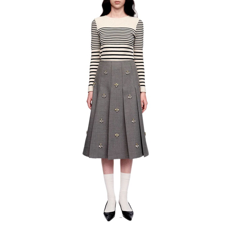 A- line 23 Autumn new fashionable handmade beaded skirt drop-shaped glass claw buckle pleated skirt slimming umbrella skirt skirt skirt