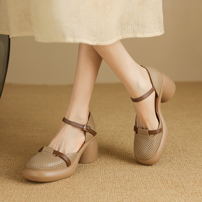 High-heeled shoes waterproof platform not tired feet women's shoes summer with skirt thick-soled leather covered head hollow sandals women's summer