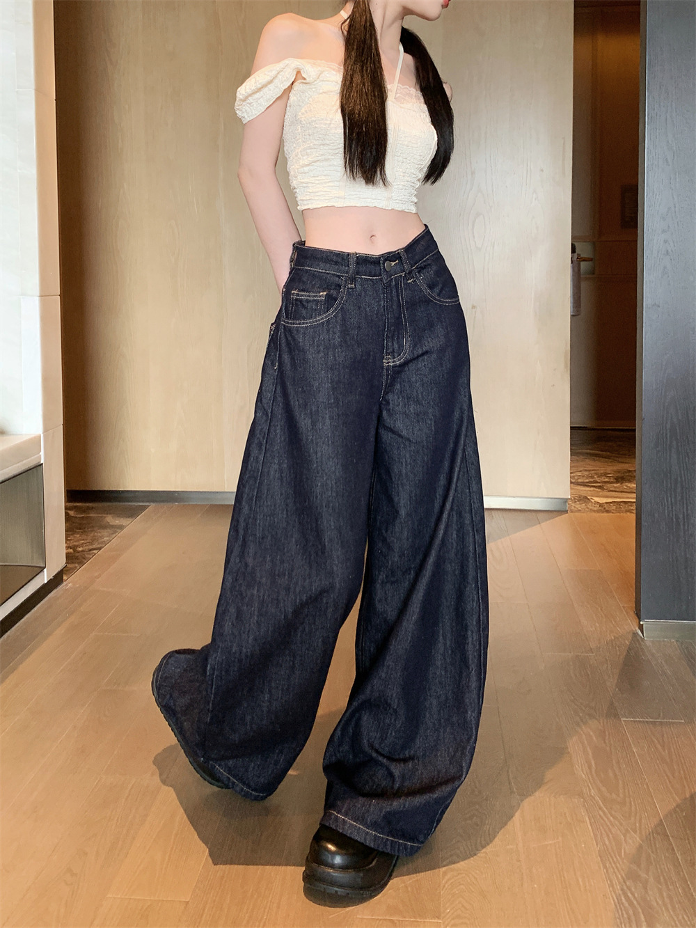American High Street Washed Denim Wide Leg Pants for Women 2025 Spring and Autum Versatile Slimming Look High Waist Loose Straight Pants Trendy
