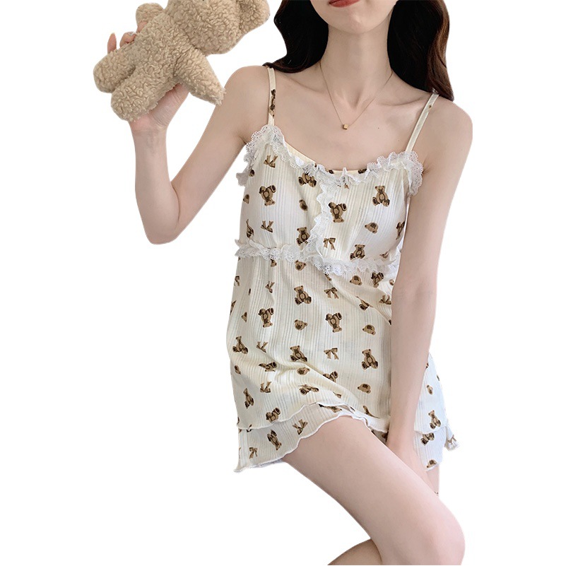 Pajamas with Chest Pad Women's Sling Summer Cartoon Bear Cute Sweet Princess Style Summer Thin Home Clothes Set