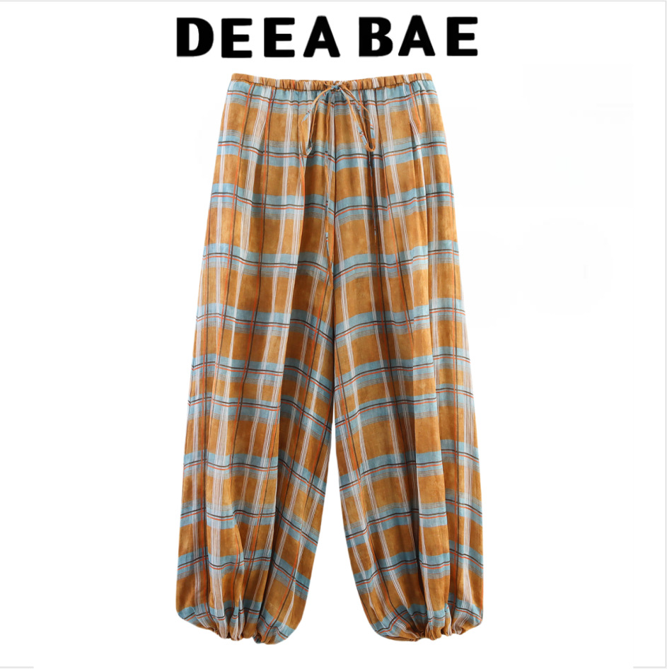 DEEABAE Fall New Women's Puffy Hem Mid-Rise Ramie-Blend Plaid Bloomers 8369034