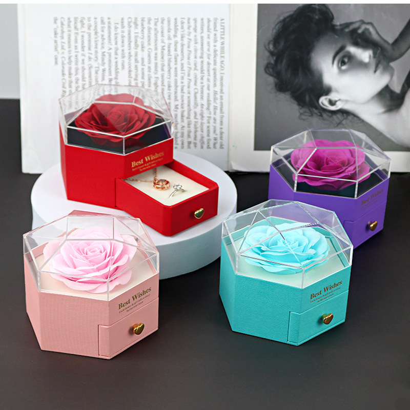 Cross-border Hot-selling Rose Jewelry Box Hexagon Soap Eternal Flower Packaging Box One Rose Mother's Day Gift Box
