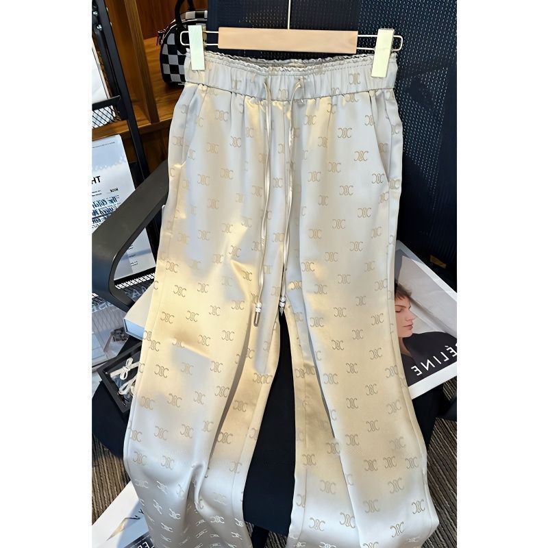 Champagne-Colored Ice Silk Wide-Leg Pants for Women 2025 Summer Thin High-Waisted Drapey Loose Printed Straight Casual Floor-Length Pants