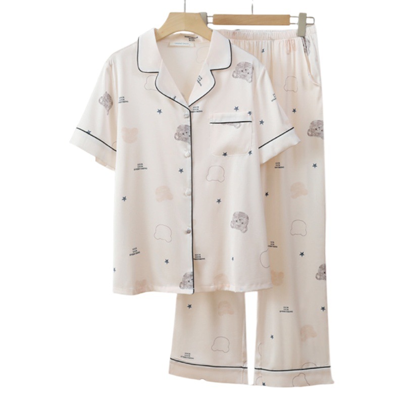New Cartoon Bear Ice Silk Pajamas for Women 2025 Spring and Summer High-End Short-Sleeved Pants Thin Women's Home Clothes