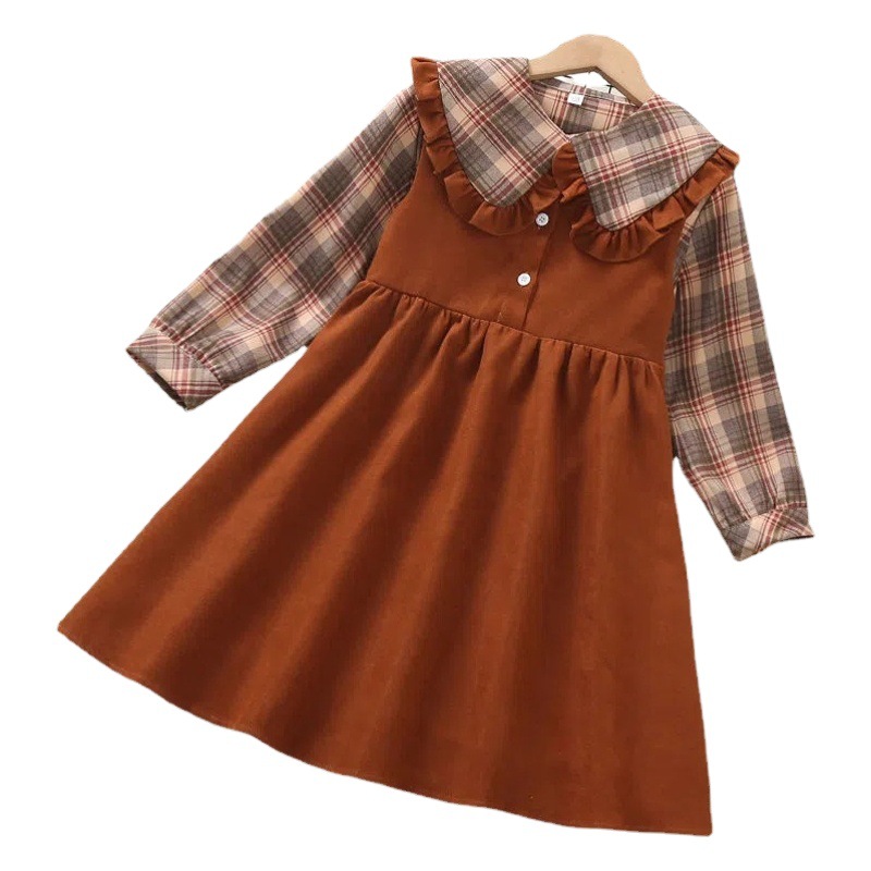 Girls' Dress Spring and Autumn New Children's Long-sleeved College Plaid Dress Children's Mid-length Foreign-style Princess Dress